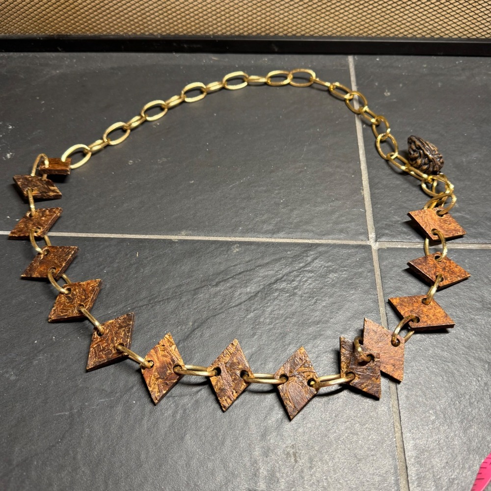 Vintage Gold Tone Chain Belt Wood Diamond Link Statement Necklace 39"